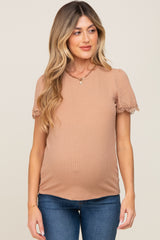 Taupe Ribbed Lace Trim Maternity Top