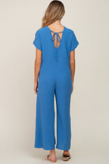 Blue Front Button Accent Maternity Jumpsuit