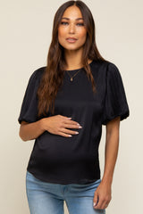 Black Satin Pleated Puff Short Sleeve Maternity Blouse