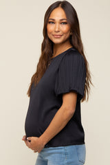 Black Satin Pleated Puff Short Sleeve Maternity Blouse