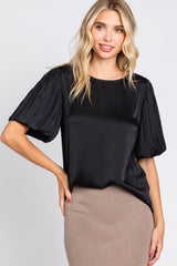 Black Satin Pleated Puff Short Sleeve Maternity Blouse