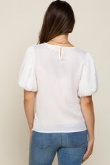 Ivory Satin Pleated Puff Short Sleeve Maternity Blouse