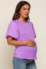 Lavender Satin Pleated Puff Short Sleeve Maternity Blouse