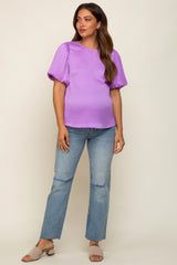 Lavender Satin Pleated Puff Short Sleeve Maternity Blouse