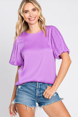 Lavender Satin Pleated Puff Short Sleeve Maternity Blouse