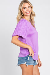 Lavender Satin Pleated Puff Short Sleeve Blouse