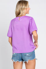 Lavender Satin Pleated Puff Short Sleeve Blouse