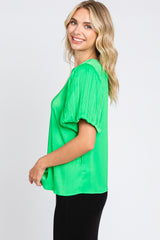 Green Satin Pleated Puff Short Sleeve Blouse