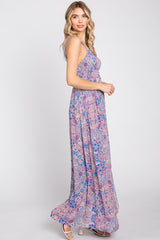 Blue Floral Front Button Maxi Dress