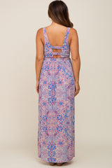 Blue Floral Front Button Maternity Maxi Dress