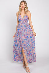 Blue Floral Front Button Maternity Maxi Dress