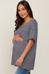 Navy Striped Front Pocket Maternity Short Sleeve Top