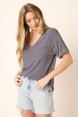 Navy Striped Front Pocket Short Sleeve Top