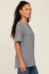 Charcoal Striped Front Pocket Short Sleeve Top