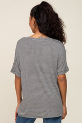 Charcoal Striped Front Pocket Short Sleeve Top