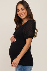 Black Swiss Dot Contrast Sleeve Maternity Top