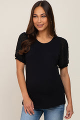 Black Swiss Dot Contrast Sleeve Maternity Top