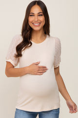 Beige Swiss Dot Contrast Sleeve Maternity Top