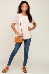 Beige Swiss Dot Contrast Sleeve Top