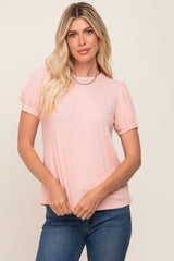 Light Pink Textured Ribbed Short Puff Sleeve Maternity Top