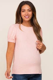 Light Pink Textured Ribbed Short Puff Sleeve Maternity Top