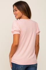 Light Pink Textured Ribbed Short Puff Sleeve Maternity Top