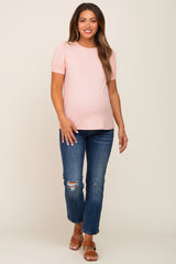 Light Pink Textured Ribbed Short Puff Sleeve Maternity Top