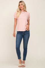 Light Pink Textured Ribbed Short Puff Sleeve Top