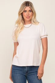 Cream Textured Ribbed Short Puff Sleeve Top