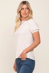 Cream Textured Ribbed Short Puff Sleeve Top