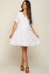 White Floral Jacquard Puff Sleeve Maternity Dress