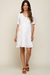 White Floral Jacquard Puff Sleeve Maternity Dress