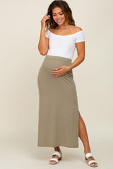 Light Olive Striped Side Slit Maternity Maxi Skirt