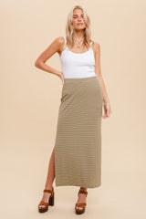 Light Olive Striped Side Slit Maternity Maxi Skirt