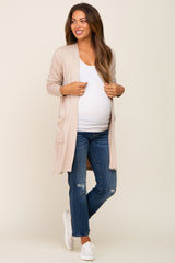 Beige Open Front Side Pocket Maternity Cardigan