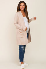 Beige Open Front Side Pocket Maternity Cardigan