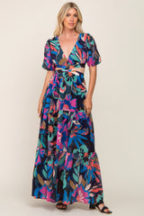 Black Multi Color Floral Puff Sleeve Cutout Maternity Maxi Dress