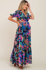 Black Multi Color Floral Puff Sleeve Cutout Maternity Maxi Dress