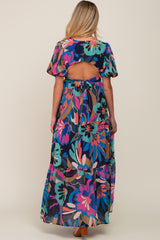 Black Multi Color Floral Puff Sleeve Cutout Maternity Maxi Dress