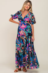 Black Multi Color Floral Puff Sleeve Cutout Maternity Maxi Dress