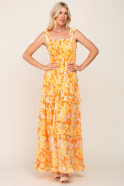 Yellow Leaf Print Shoulder Tie Tiered Dress