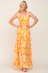 Yellow Leaf Print Shoulder Tie Tiered Maternity Dress