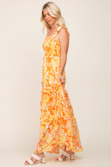 Yellow Leaf Print Shoulder Tie Tiered Dress