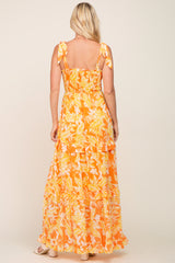 Yellow Leaf Print Shoulder Tie Tiered Dress