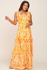 Yellow Leaf Print Shoulder Tie Tiered Maternity Dress