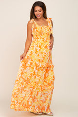 Yellow Leaf Print Shoulder Tie Tiered Maternity Dress