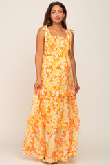 Yellow Leaf Print Shoulder Tie Tiered Maternity Dress