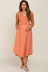 Peach Square Neck Smocked Sleeveless Maternity Midi Dress