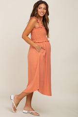 Peach Square Neck Smocked Sleeveless Maternity Midi Dress