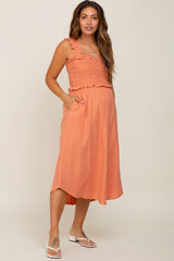 Peach Square Neck Smocked Sleeveless Maternity Midi Dress